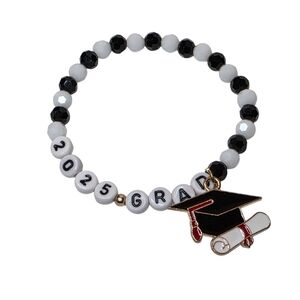 2025 Grad Jewelry Graduation Gift Black & White Beaded Diploma Charm Bracelet